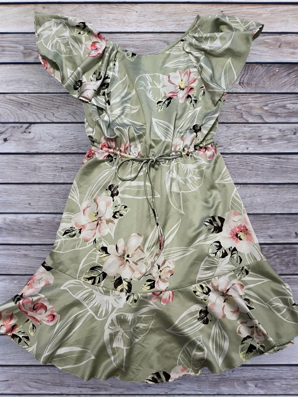 Nine West Light Sage Green Floral Dress with Pink & White Accents size 6